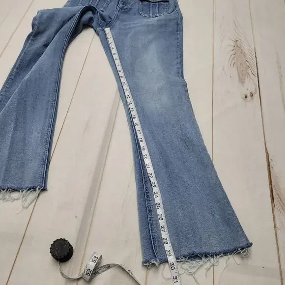 Kancan high rise flare jeans stretch raw hem boho 27 flap pockets short - Picture 3 of 8